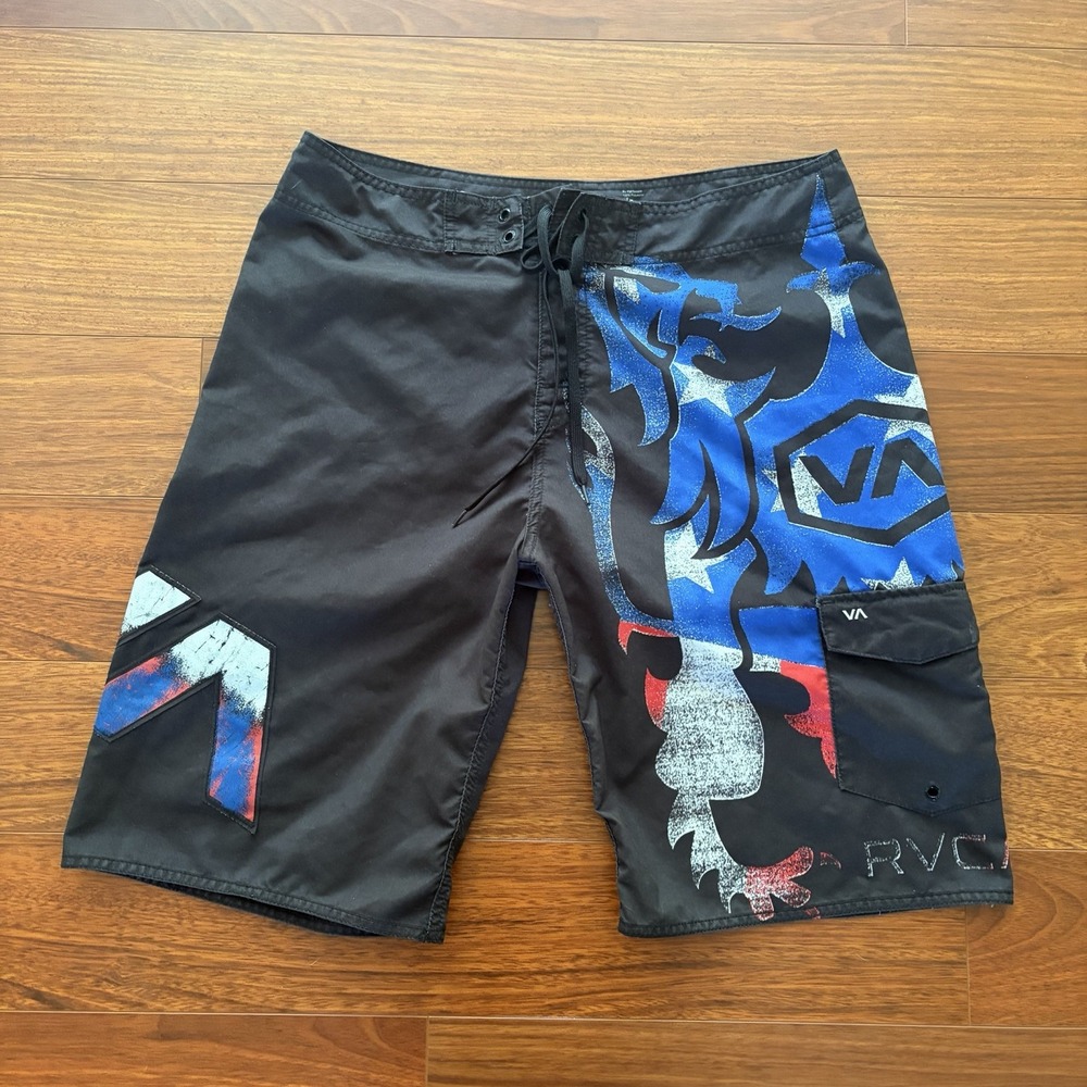 RVCA Men's Board Shorts Swim Bottom Size 33 Black/Blue/Red Graphic Pockets